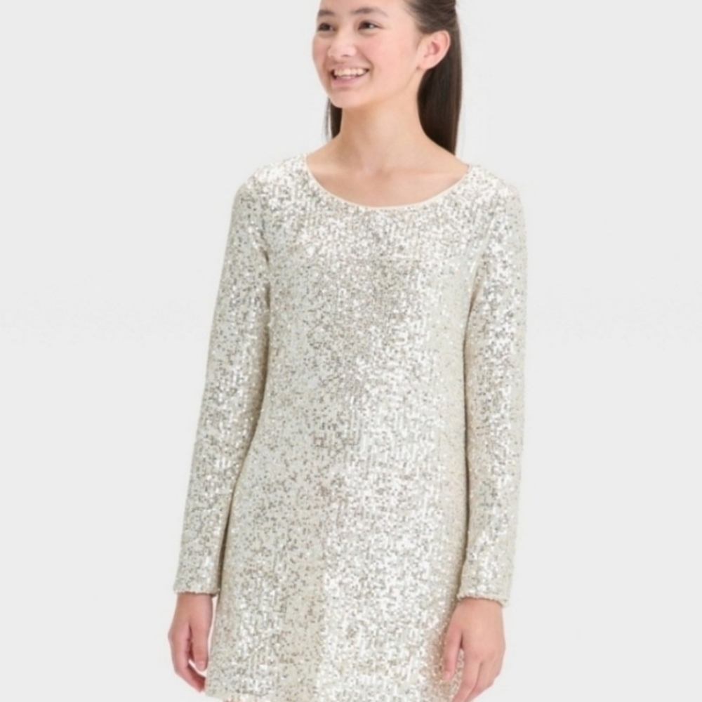 Girls' L(10-12) Silver Long Sleeve Sequin A-Line Dress Art Class .